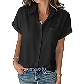 Zeagoo Womens Button Down Shirt Short Sleeve Blouse V Neck Dressy Casual Business Work Tops with Pocket S-XXL
