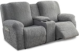YUEANG Recliner Loveseat Cover with Center Console, 2 Seater Jacquard Recliner Sofa Slipcover with Pockets Washable Stretch Reclining Couch Covers Furniture Protector with Elastic Straps (Light Gray)