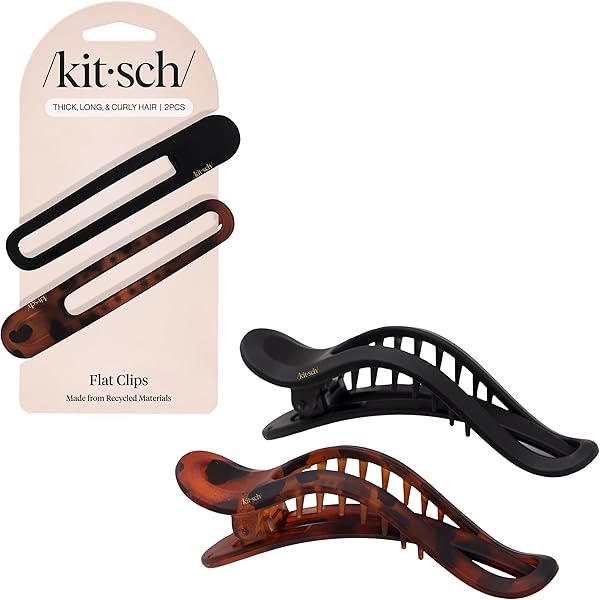 Kitsch Flache Haarklammern für Damen - Starker Halt, Rutschfester Griff für Sicheren und Komfortablen Look | Langlebige Haar-Accessoires aus Recyceltem Kunststoff - Schwarz & Schildpatt, 2 Stück