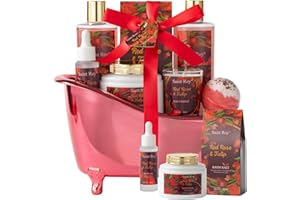 SAINT ROY spa kit Gifts for Her Mother's Day Bath Spa Gift Set Red Rose & Tulip Spa Basket Kits for Women, Contains Body Oil, Body Lotion, Salt, self care baskets for women gift Mother's Day Gift for Mom