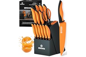 Brewin Knife Set, 15-Piece Kitchen Knife Set with Block, German Stainless Steel Sharp Knives Set for Kitchen with Built-in Sharpener, Ergonomic TPR Anti-Slip Handle