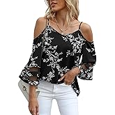 Jouica Womens Summer Cold Shoulder Tops Mesh Panel 3/4 Bell Sleeve Tees Adjustable Spaghetti Strap Loose Fit Shirts