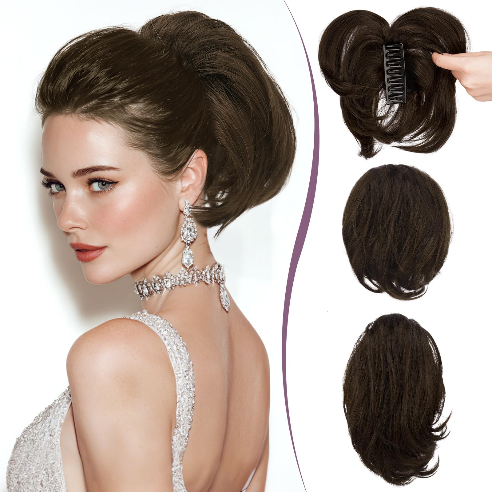 Photo 1 of RUWISS Claw Clip Short Human Hair Ponytail Extension with Bendable Metals for DIY Styles Straight Messy Bun Hair Piece for Women Hairpieces for Daily Wear, 9 Inch Dark Brown with 15% Dark Cocoa Blonde