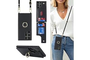 Lipvina for Samsung Galaxy S23 Ultra Case with Card Holder and Strap for Women,Crossbody Lanyard,Ring Stand,Snap Clasp,RFID Blocking,Phone Wallet Cases 6.8 inch(Black)