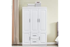 LivelyLodge 74''H Armoire Wardrobe Closet 3 Doors Wardrobe Closets White Storage Closet Cabinet Wooden Bedroom Armoires Clothes Storage Cabinet with Hanging Rod Shelves 2 Drawers Wardrobe