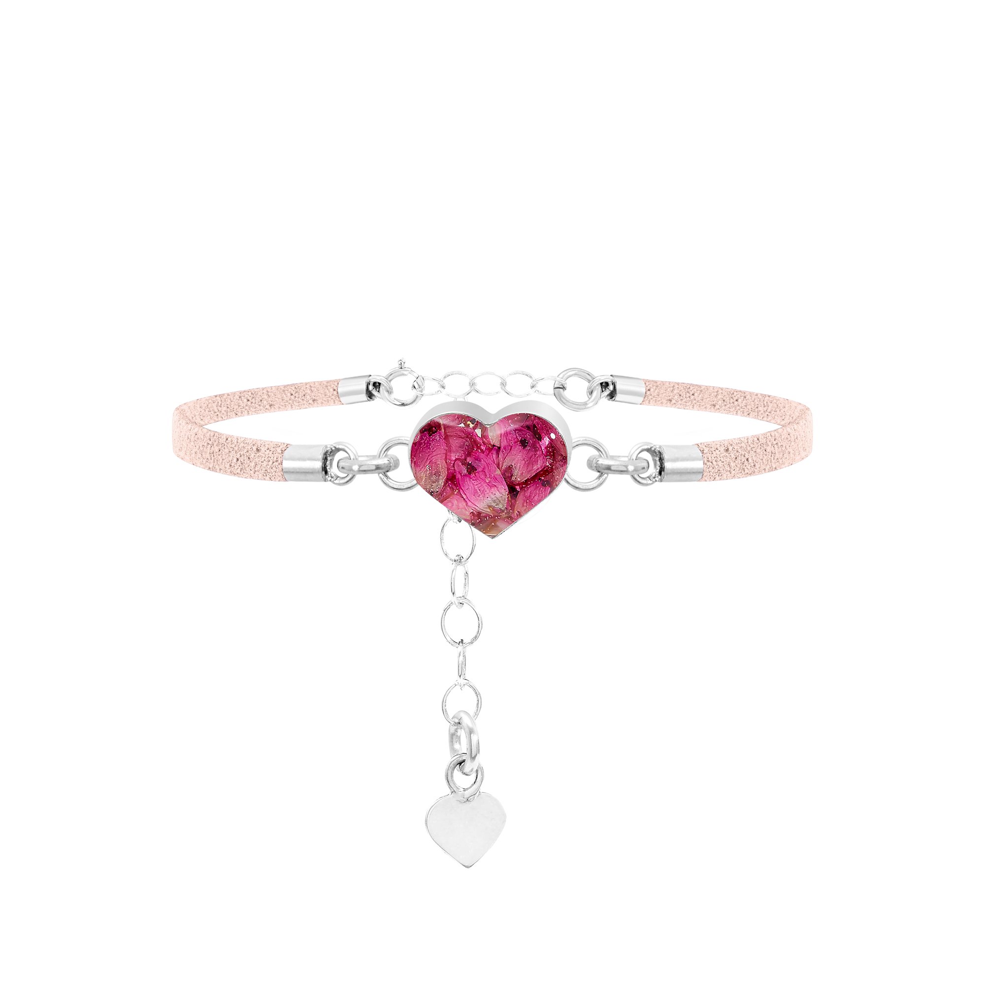 Shrieking Violet 925 Sterling Silver and Vegan Suede Heart Real Flower Bracelet - Heather (Pink)