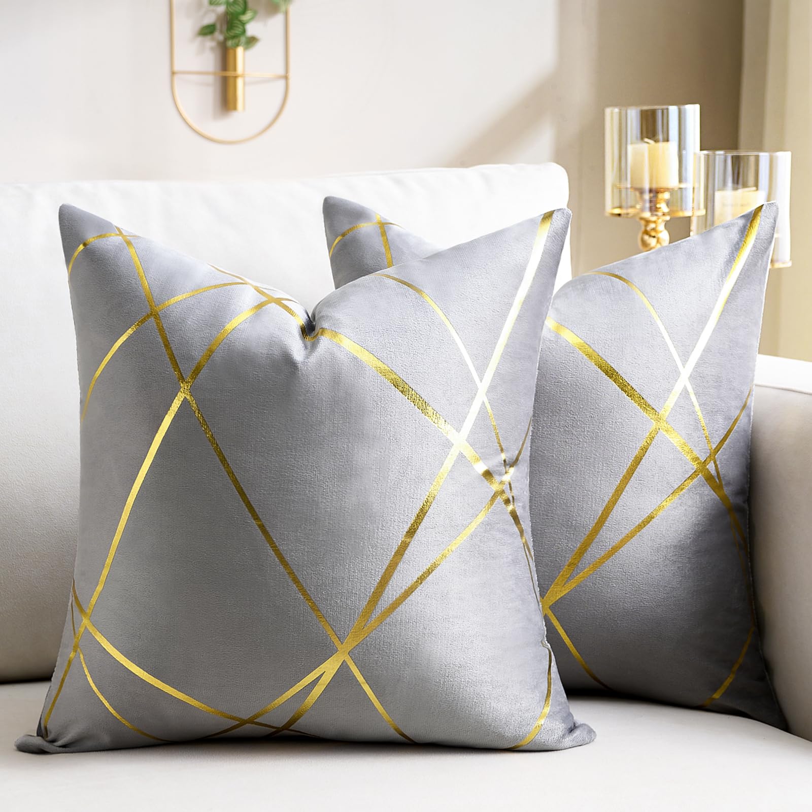 DecorMommt Velvet Cushion Cover Grey Decorative Throw Pillow Covers Gold Lines Square Geometry Pattern Cushion Case Soft Home for Living Room Bedroom Pack of 2, 40x40cm(16''x16'')