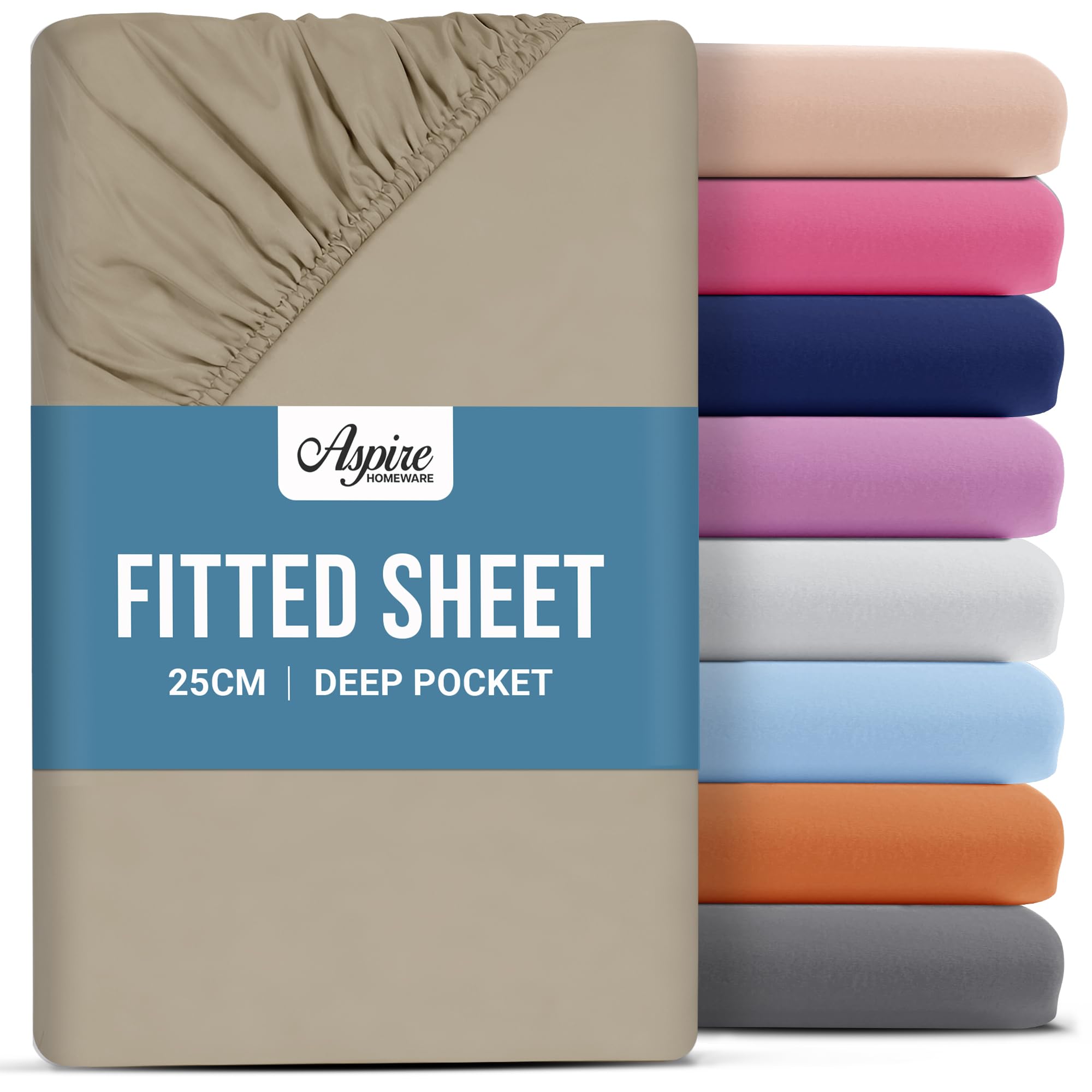 Aspire Homeware Single Fitted Sheet - 25 cm Deep Hotel Quality (Beige) Bed Sheets - Soft & Breathable Fitted Sheet Single Bed - Anti-Wrinkle Easy Care Fitted Sheets