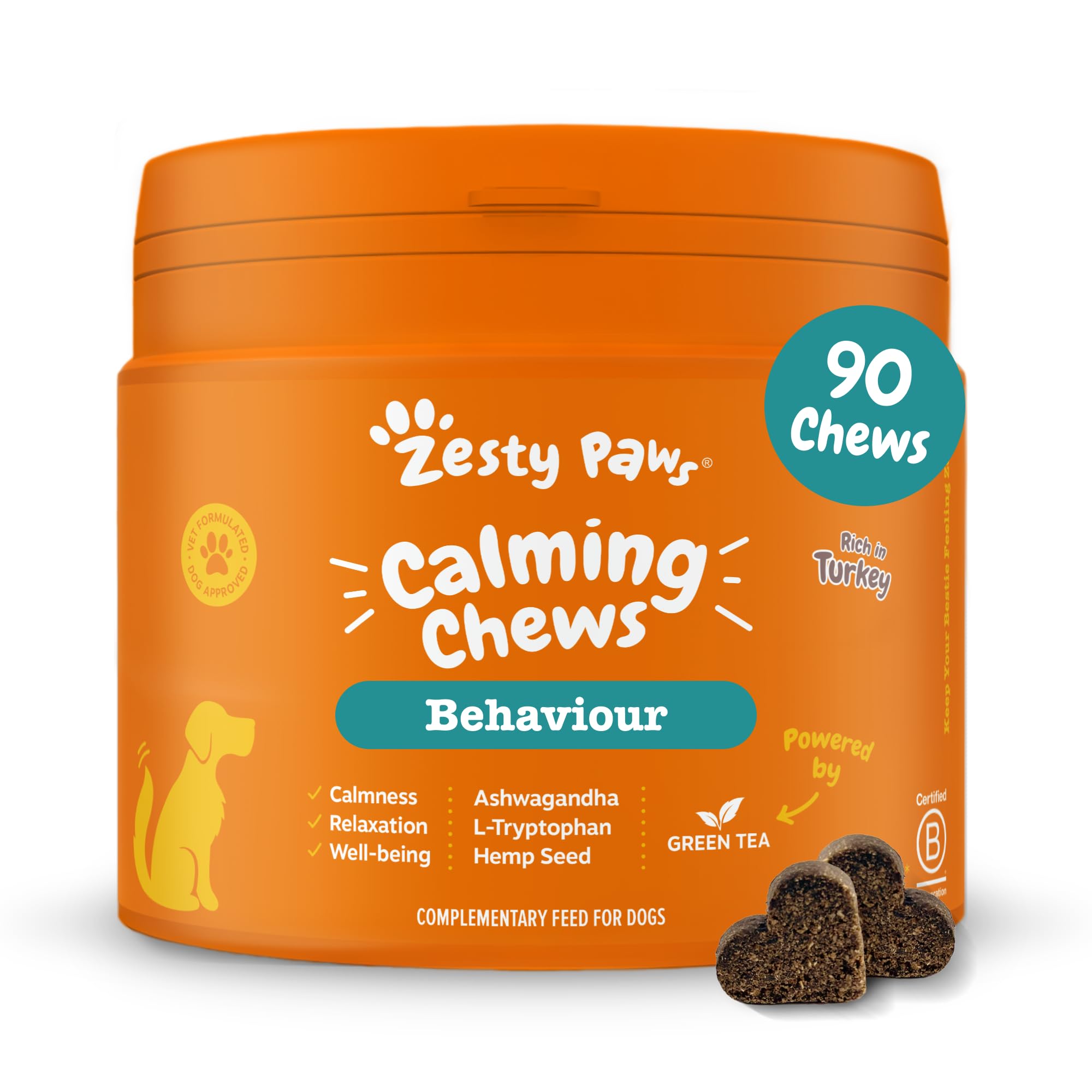 Zesty Paws Calming Treats for Dogs | Helps with Separation Anxiety, Stress & Hyperactivity, Supports Wellbeing & Relaxation | Contains Green Tea, Ashwagandha, L-Tryptophan | Daily Use | 90 Chews