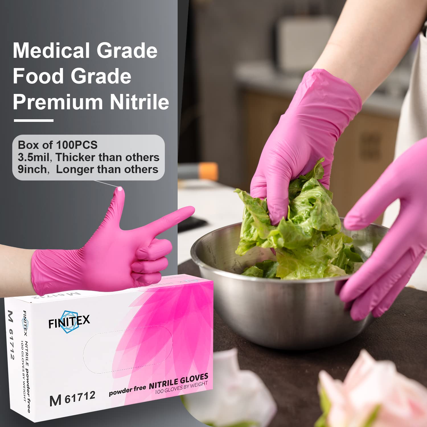FINITEX Pink Nitrile Disposable Latex-Free Gloves - 3.5mil 100PCS Powder-Free Latex Free Cleaning Medical Exam Food Gloves