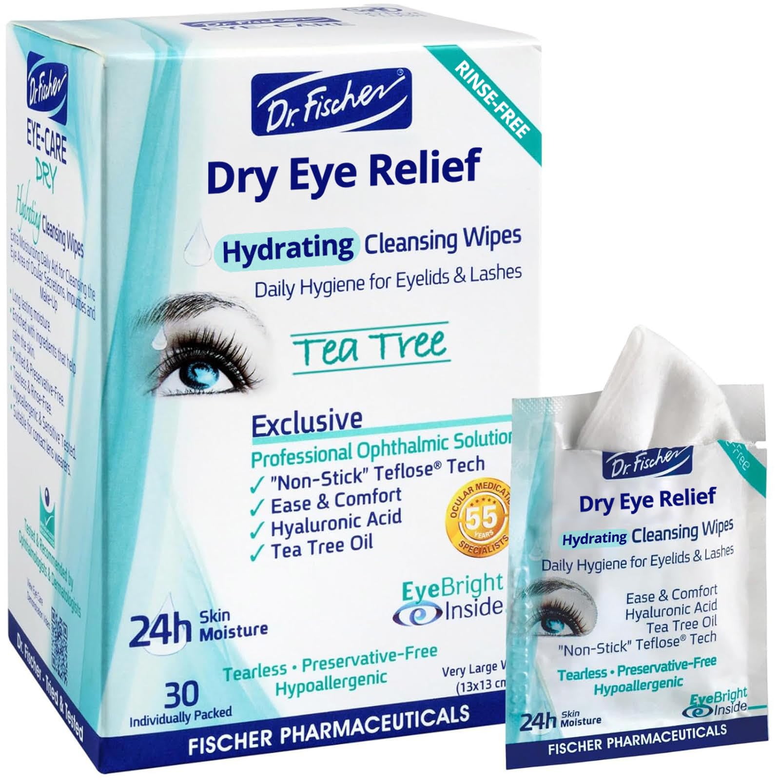 Dr. Fischer Tea Tree Oil Eyelid Wipes - Hypoallergenic Eye Wipes for Dry, Red, Allergy, and Blefaritis. Relief for Computer Vision & Tired Eyes. Effective Makeup Remover (30 Wipes)