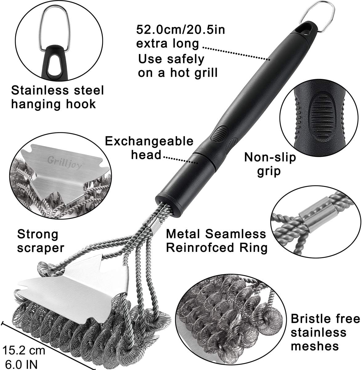 grilljoy 4PC Heavy Duty Safe BBQ Cleaner - Bristle Free& Wire Bristle Grill Brush Head with Scraper in Carrying Bag - Exclusive Barbecue Grill Brushes Set for All Grates - Universal Grill Tools Set: Home & Kitchen