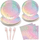 UVTQSSP 96PCS Iridescent Glitter Party Paper Plates and Napkins Party Supplies, Disposable Tableware Set for Birthday Wedding Anniversaries Decorations, Serve for 24 Guests, Glitter Diamond