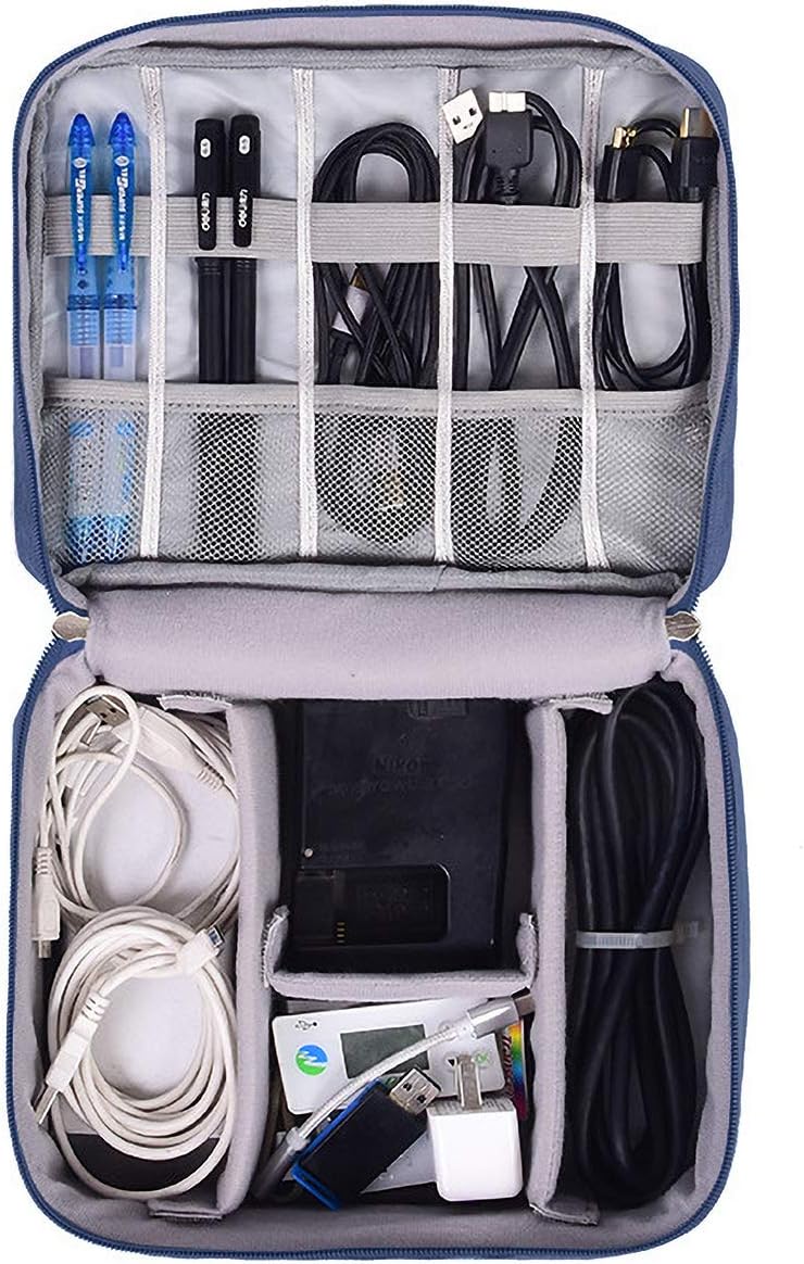 Ruyosn Cable Organizer Bag Waterproof Cable Bag Large Hard Drive Bag Electronic Bag Double Layer Electric Organizer Cable Bag Electronics Accessories Organizer Cable Power Bank (Blue) - Image 3