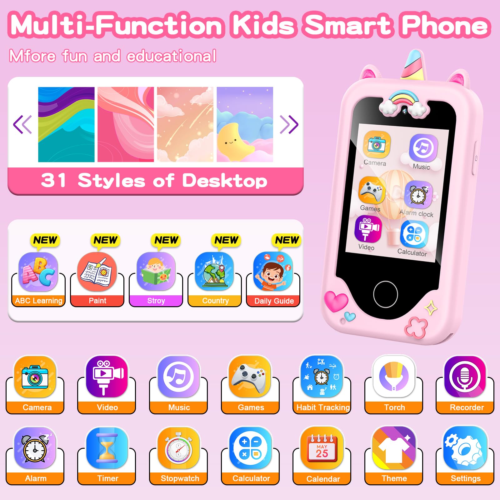 Kids Phone Toy Gift for Girls 3 4 5 6 7 8 Years Old, Toddler Smart Phone Learning Toys - Pretend Play Phones with Educational Games, MP3 Music Player, Birthday Gifts for Boys Age 3-8 (Pink)