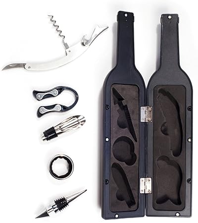 Shoppers Stoppers 5-in-1 Wine Bottle Shaped Gift Set Bottle Opener/Stopper/Drip Ring/Foil Cutter/Pouter,Corkscrew,Wine Tools Set & Bar Accessories