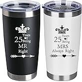 HLIKEM Set of 2 25th Wedding Engagement Anniversary Tumblers for Couples Parents 20 OZ Stainless Steel Insulated Car Tumbler Travel Mug Mr Right Mrs Always Right 25 Years Anniversary Funny Present