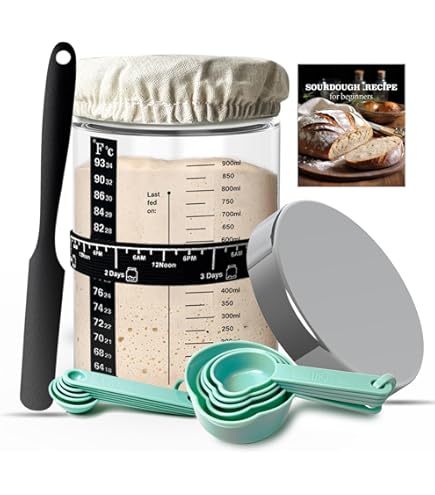 36 Oz Sourdough Starter Jar Kit With Time-Mark Band, Spatula & Temperature Strip - Bread Baking Supplies