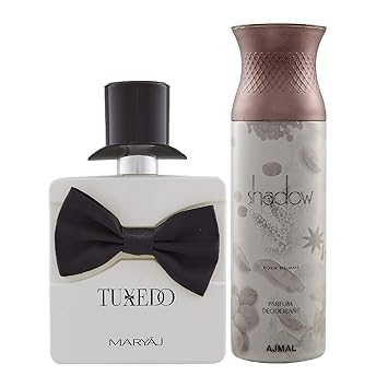Maryaj Tuxedo Eau De Parfum Spicy Woody Perfume 100ml for Men and Ajmal Shadow Homme Deodorant Citrus Woody Fragrance 200ml for Men + 2 Parfum Testers FREE