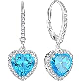 FJ Heart Dangle Drop Earrings 925 Sterling Silver Halo Leverback Earrings Birthstone Jewelry for Women