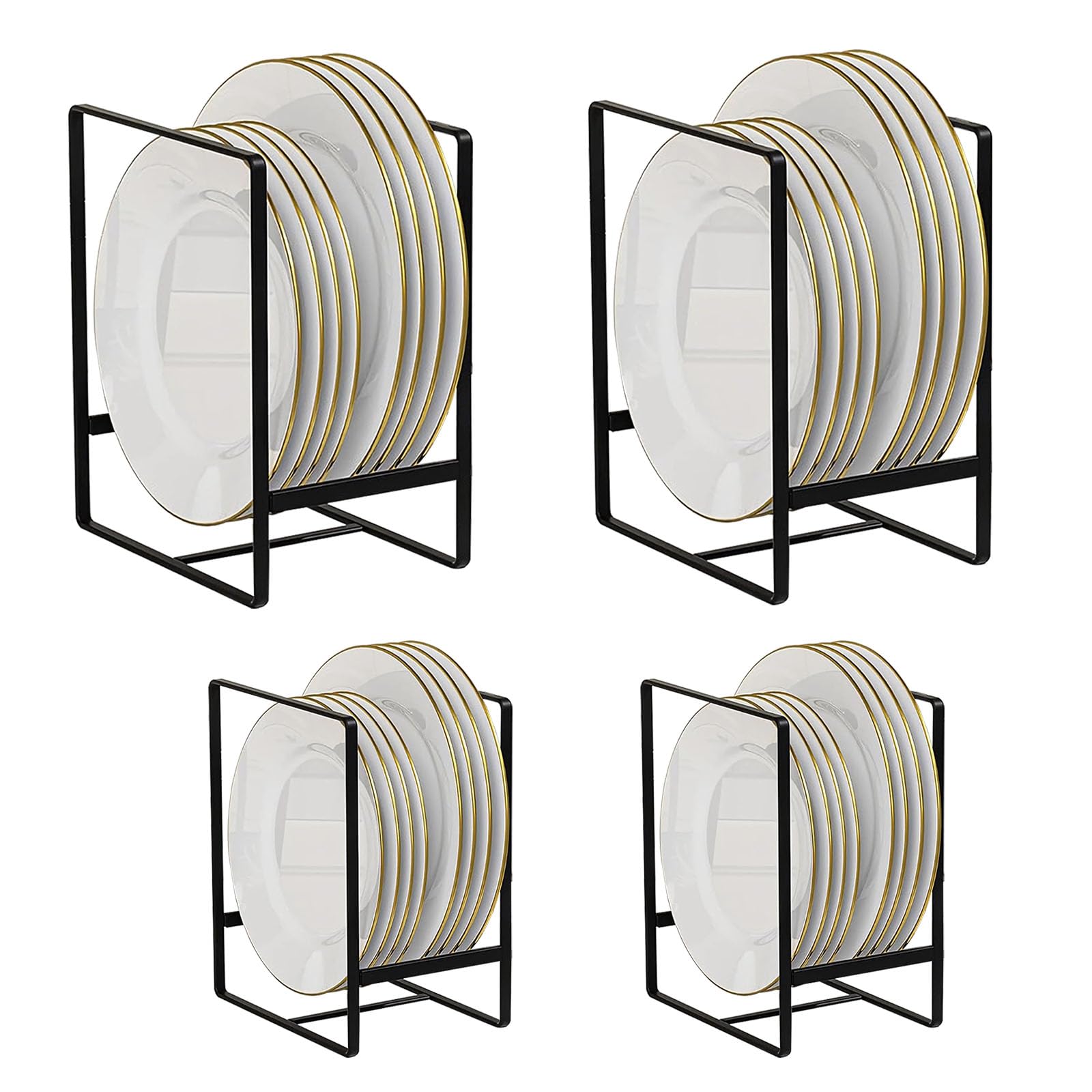TUAKIMCE 4 Pack Plate Storage Rack, Plate Holders Organizers, Vertical Plate Dish Organizers Drying Racks Drainer, Cabinet Dish Drying Rack Metal Stands for Countertop and Cupboard Black