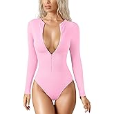 OQQ Women's Bodysuit Tops Invisible Zip Long Sleeve Crew Neck Bodysuits