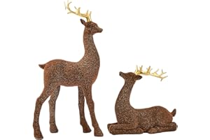 DN DECONATION Christmas Decorations Reindeer Figurines, Deer Decor Statues with Gold Antlers, 2PCS Flocked Brown Reindeer Xma