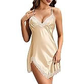 Vrtige Women's Sexy Satin Silky Nightgown Lace Strapy Babydoll Chemise Nightdress Full Slip