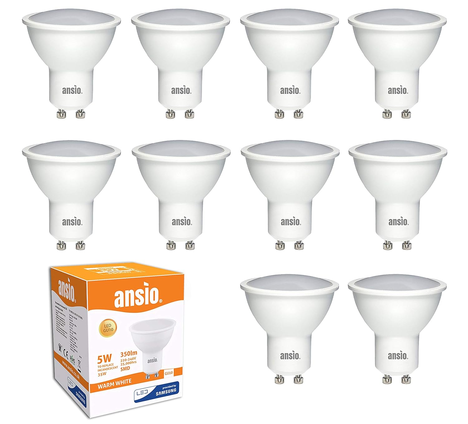 GU10 LED Bulbs Warm White, 5W Equivalent to 35 Watts Halogen, Non Dimmable, 350 lumens, 3000K