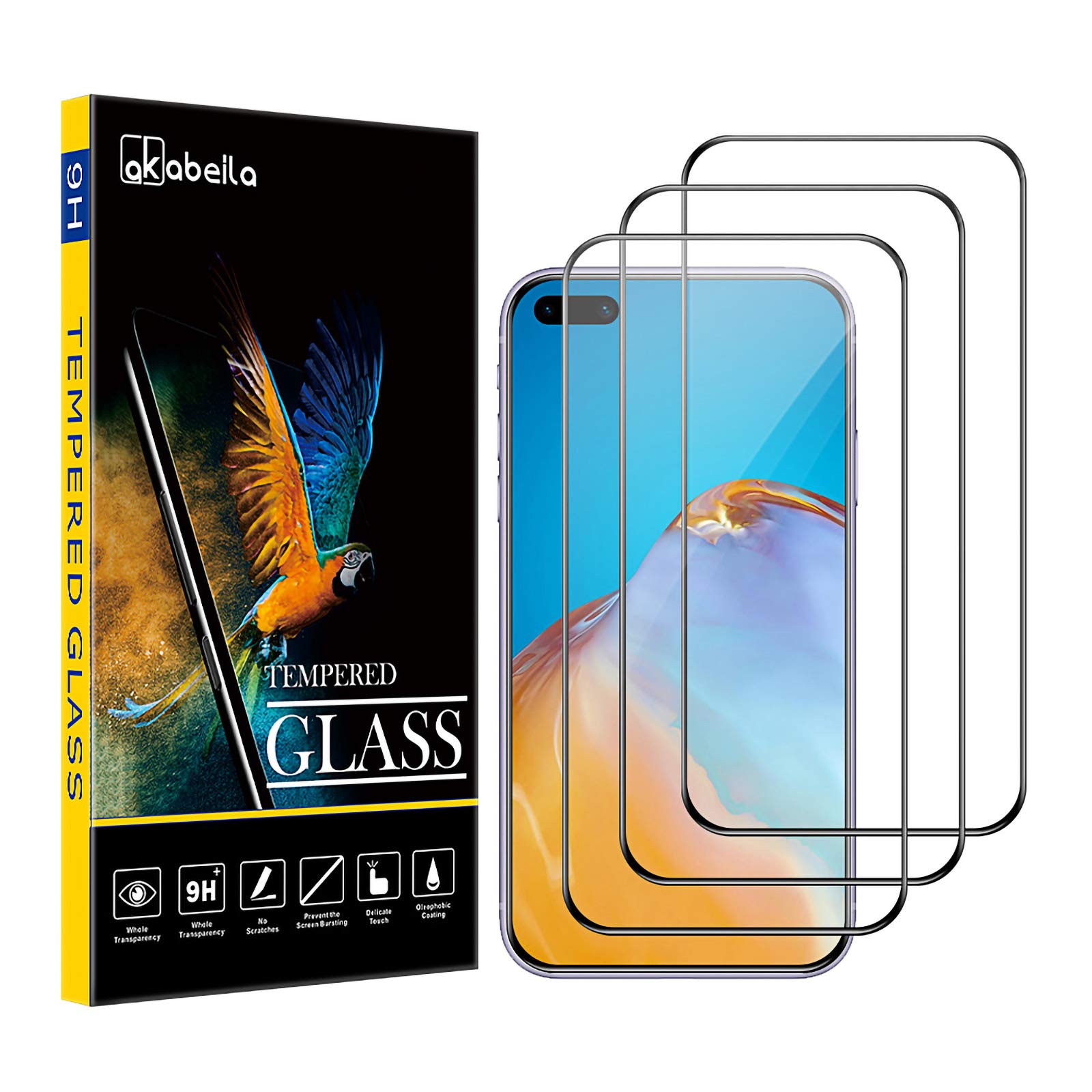 AKABEILA [3 Pack Screen Protector for Huawei P40 Screen Protector Tempered Glass Premium HD Protective Film 9H Hardness Case Friendly Easy Installation Anti Scratch Bubble Free [Full Coverage]