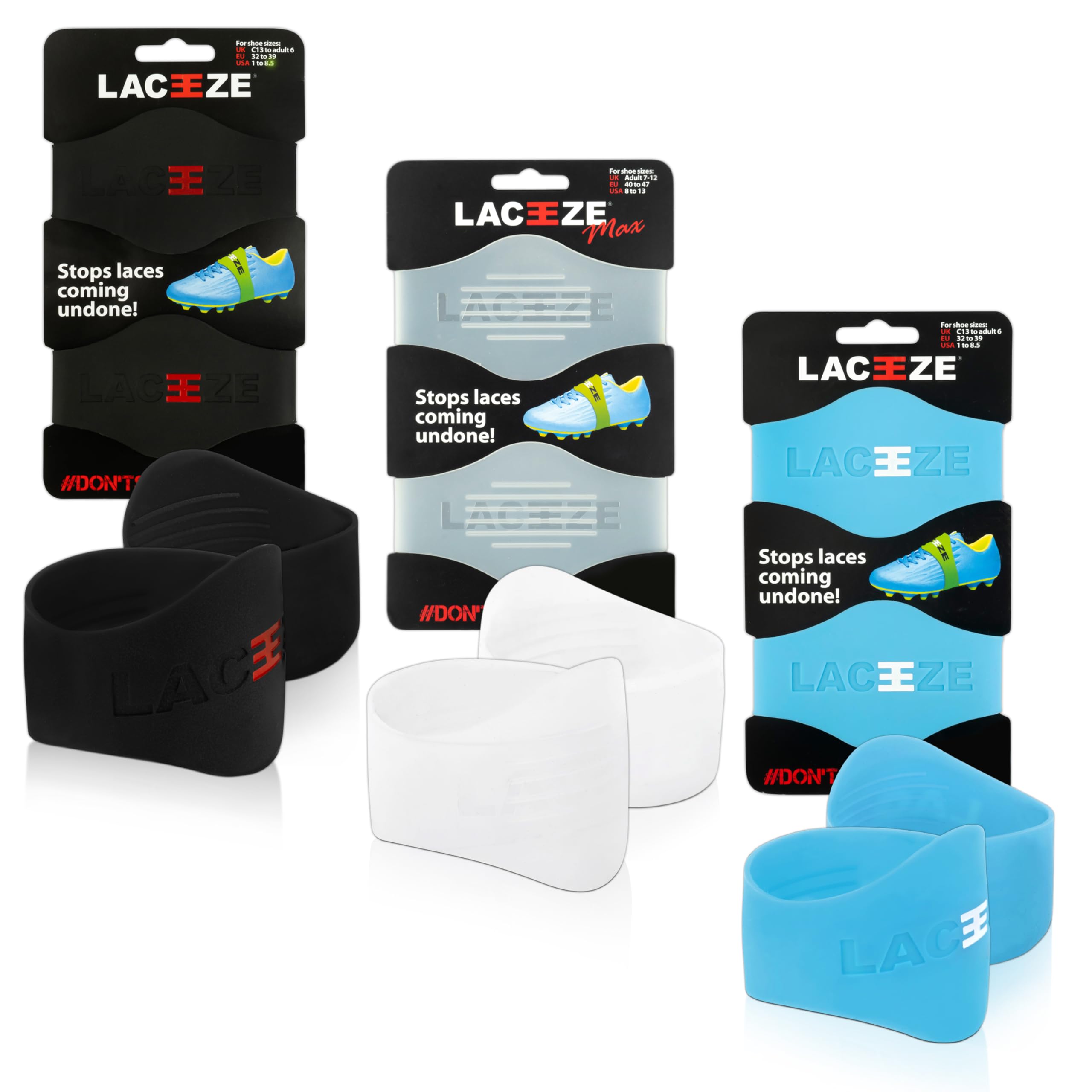 LACEEZE Max Bands – As Seen on Dragons' Den – Ribbed Technology – Secure Laces, Prevents Unraveling, Fits Shoe Size UK 6.5+, Lime, Orange & Blue, 3 Pack,Ideal for Sports Shoes,Football,Rugby,Hockey