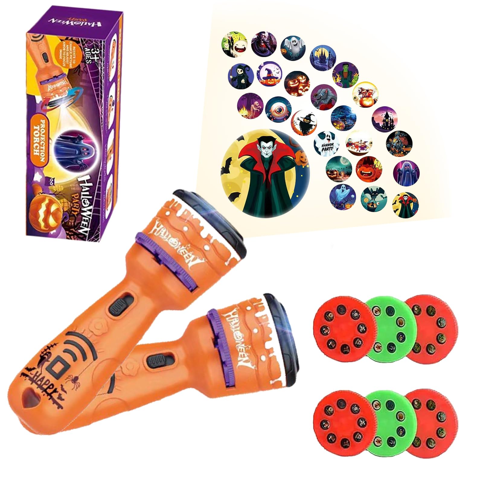 POPOYU 2Pcs Halloween Slide Projector Torch with Realistic 24 Patterns Flashlight Projector for Kids' Fun Halloween Party Bag Fillers
