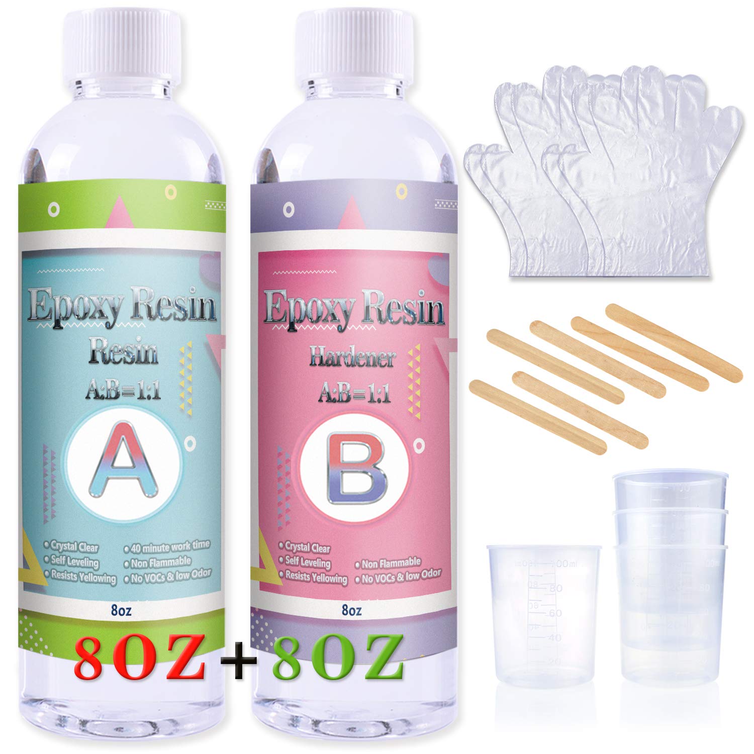 Epoxy Resin Coating Kit - 16 Ounce Kit Crystal Clear Resin for Art, Jewelry, Art Work,Wood finishes, See Through Encapsulations - Bonus 4 pcs Graduated Cups, 6pcs Sticks