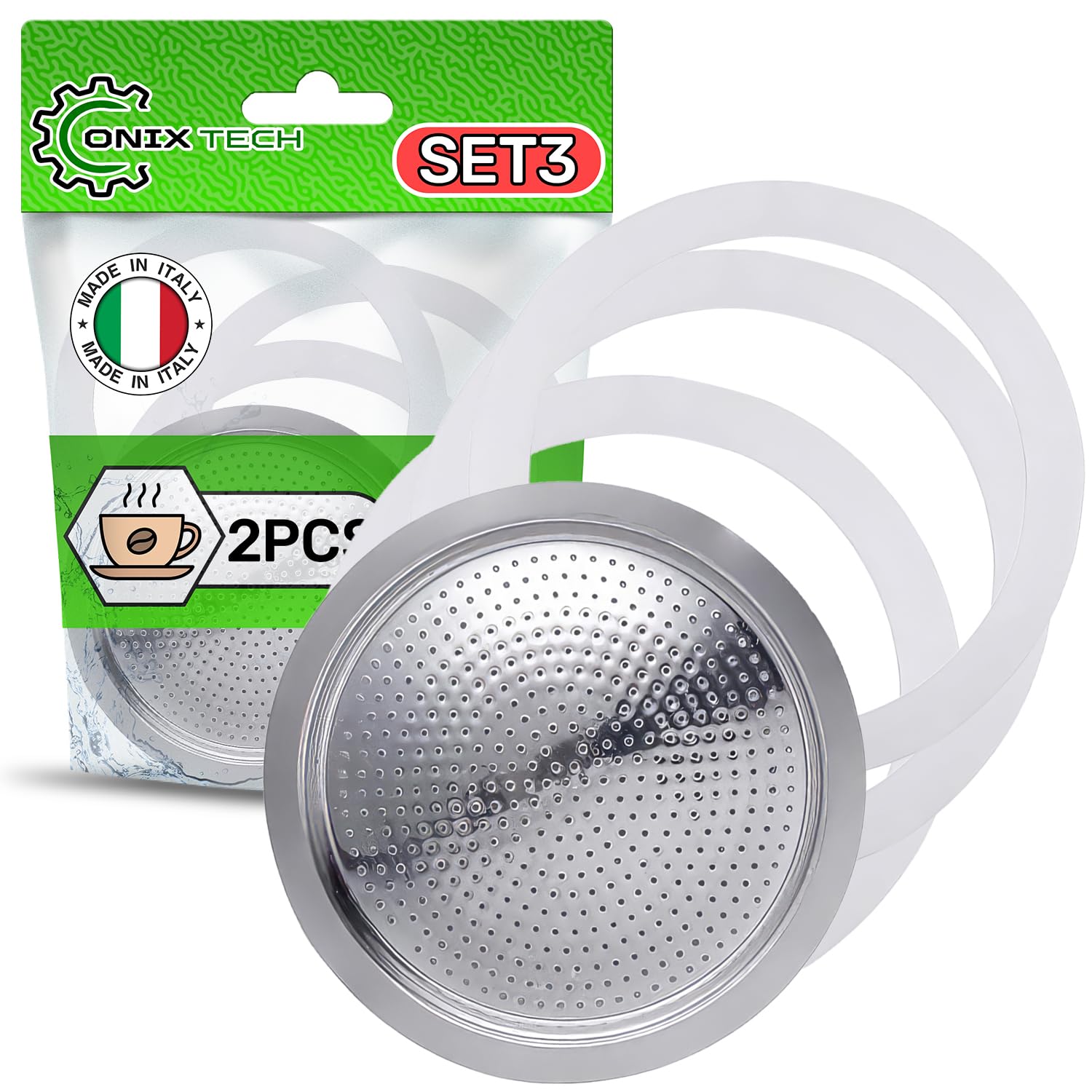 3 Pieces Rubber Gasket with Coffee Filter for 2 Cup is Suitable for Bialetti Moka Italian Coffee Makers - Warranty 5 Years - Made in Italy - ONIX TECH