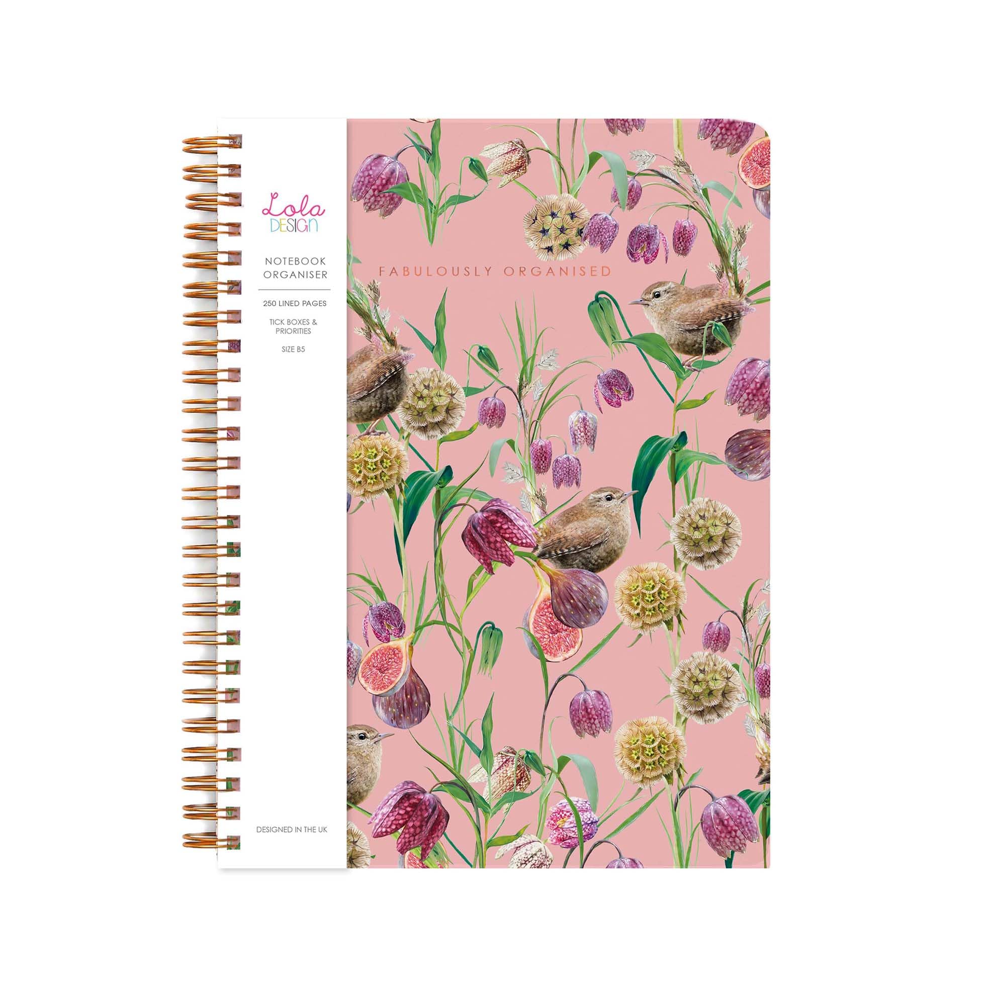 Lola Design - Large Spiral Notebook Organiser, Pink Wren Pattern Design - Planners & Journals - Wiro Bound Notebook with To-Do Lists & Priorities Section - 176x250mm, 250 Lined Pages