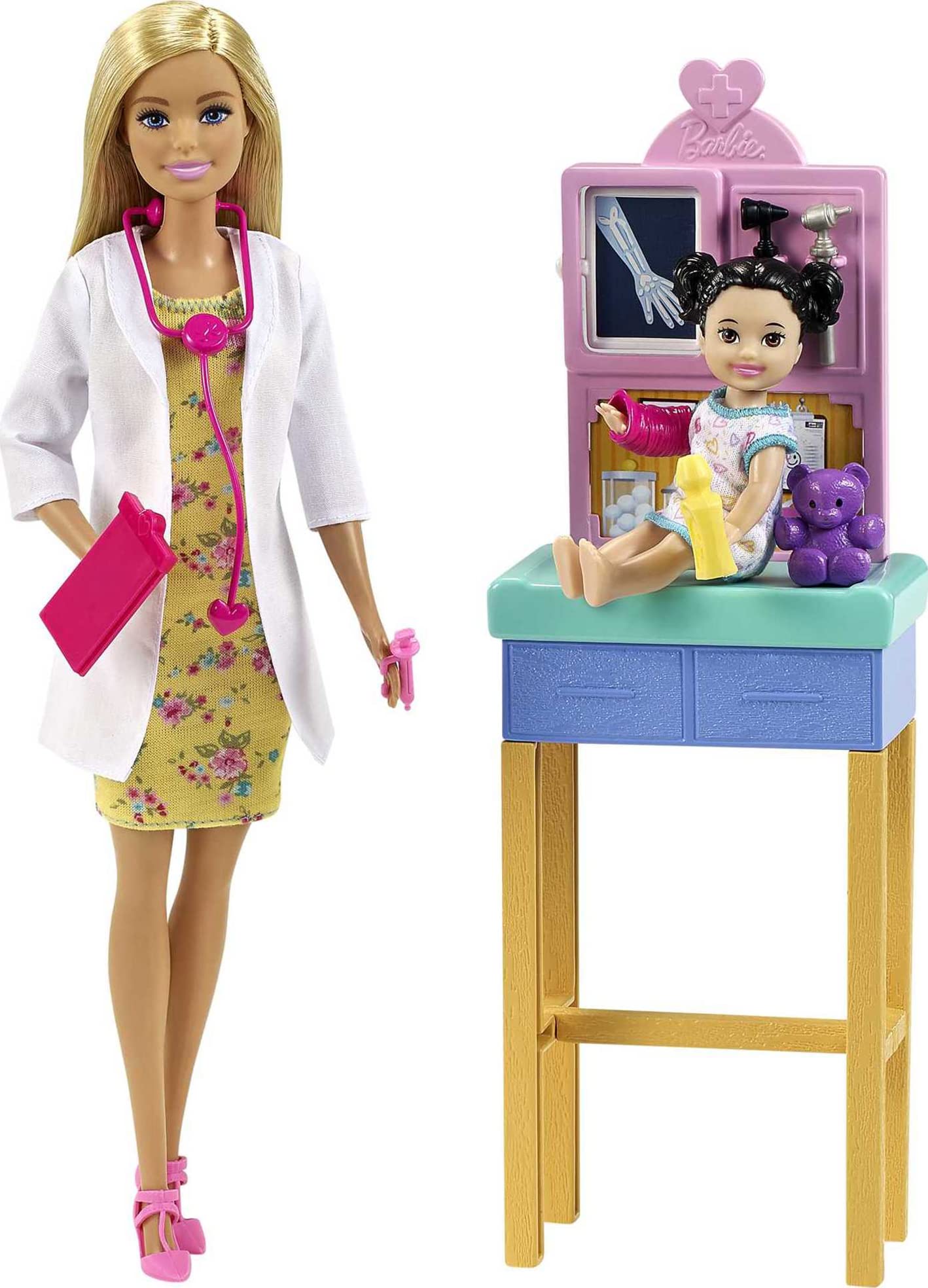 Barbie Pediatrician Playset, Blonde Doll (12-in/30.40-cm), Exam Table, X-ray, Stethoscope, Tool, Clip Board, Patient Doll, Teddy Bear, Great Gift for Ages 3 Years Old & Up, GTN51