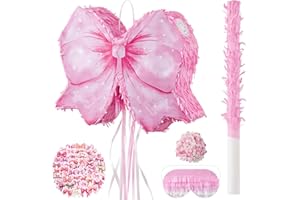 ZRUNBO Pink Bow Piñata for Girl Birthday Party, Party Decorative Tassel Pinatas Set with Stick Blindfold Confetti, Pink Coque