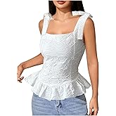 winkbay Women's Summer Tie Shoulder Peplum Tops Babydoll Square Neck Going Out Tank Top