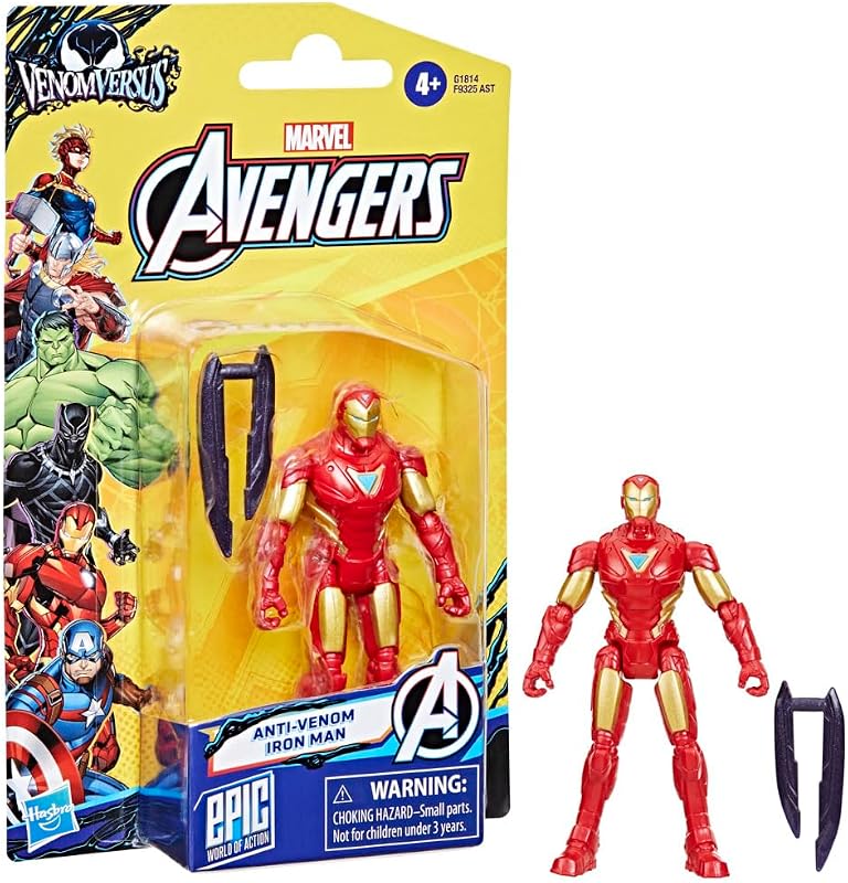 Avengers Marvel VenomVersus Epic World of Action Anti-Venom Iron Man Figur, Superheld mit Zubehör und beweglichen Gliedmaßen, Spielzeug für Kinder ab 4 Jahren als Weihnachtaktivität