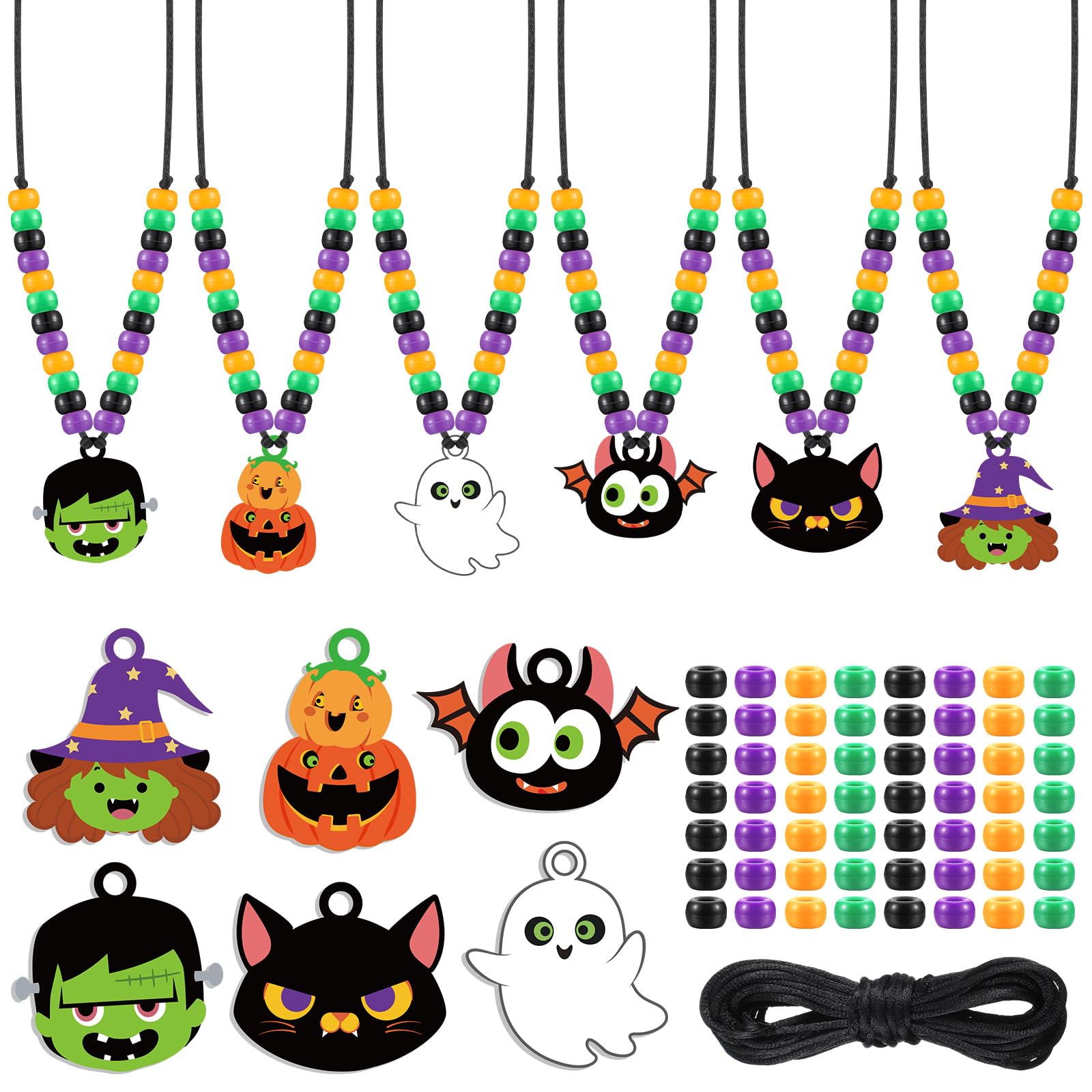 Photo 1 of Equsion 24 Sets Halloween Bead Necklace Crafts Kit Halloween Bead Black Orange Craft Gifts Ghosts, Pumpkins, Bats Shape Beads DIY Necklace Supplies for Party Favor