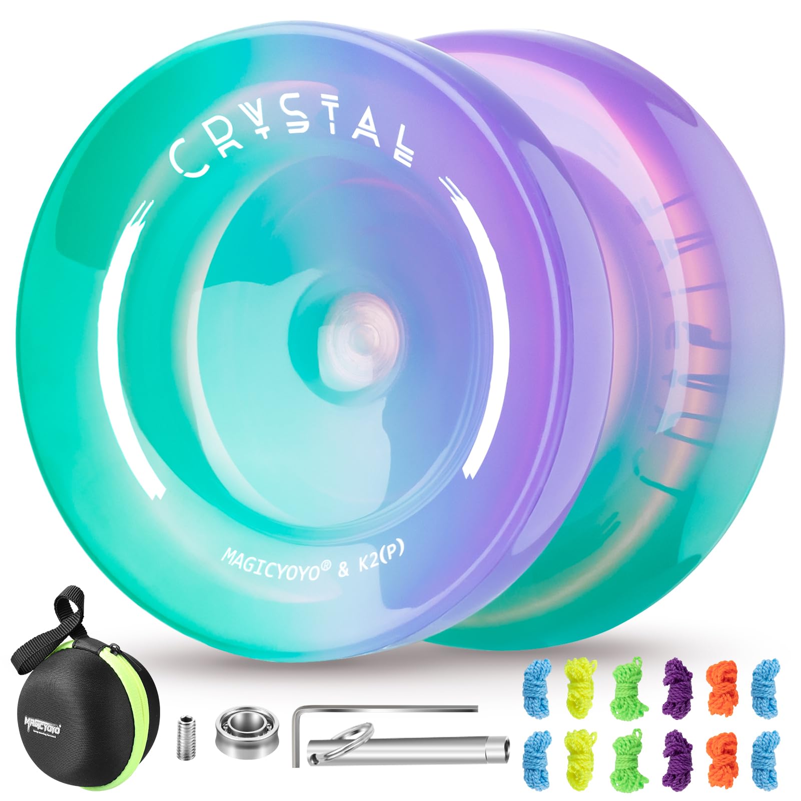 MAGICYOYO YoYo Responsive Yoyo for Kids, Pro Yoyo for Beginners, Trick Yo Yo CRYSTAL K2 Green Purple Gradient, Multipurpose Yo-yo with Unresponsive Bearings + 12 Yo Yo Strings + Removal Kit