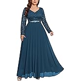 MISSMAY Women's Plus Size Floral Lace V Neck Rhinestone Ribbon Waist Chiffon Formal Bridemaid Maxi Dress