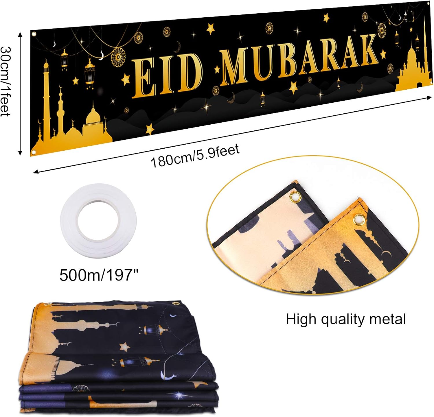 Decorazioni Banner Ramadan Mubarak,Sfondo Decorazione Feste Ramadan, Ramadan Mubarak Banner,Eid Mubarak Banner Decorazione,Nero Oro Stelle Luna Photo Booth Sfondo Bandiera per Al-Fitr Party,180x110cm