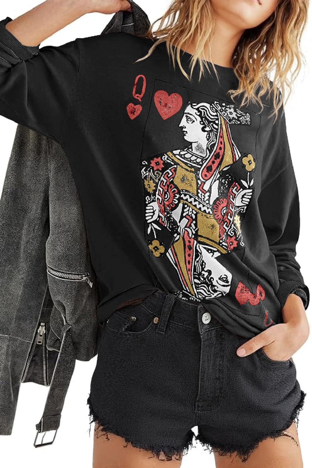 Photo 1 of Womens Crewneck Graphic Sweatshirts Queen of Hearts Long Sleeve Shirts Cute Loose Fit Casual Pullover Tops Black