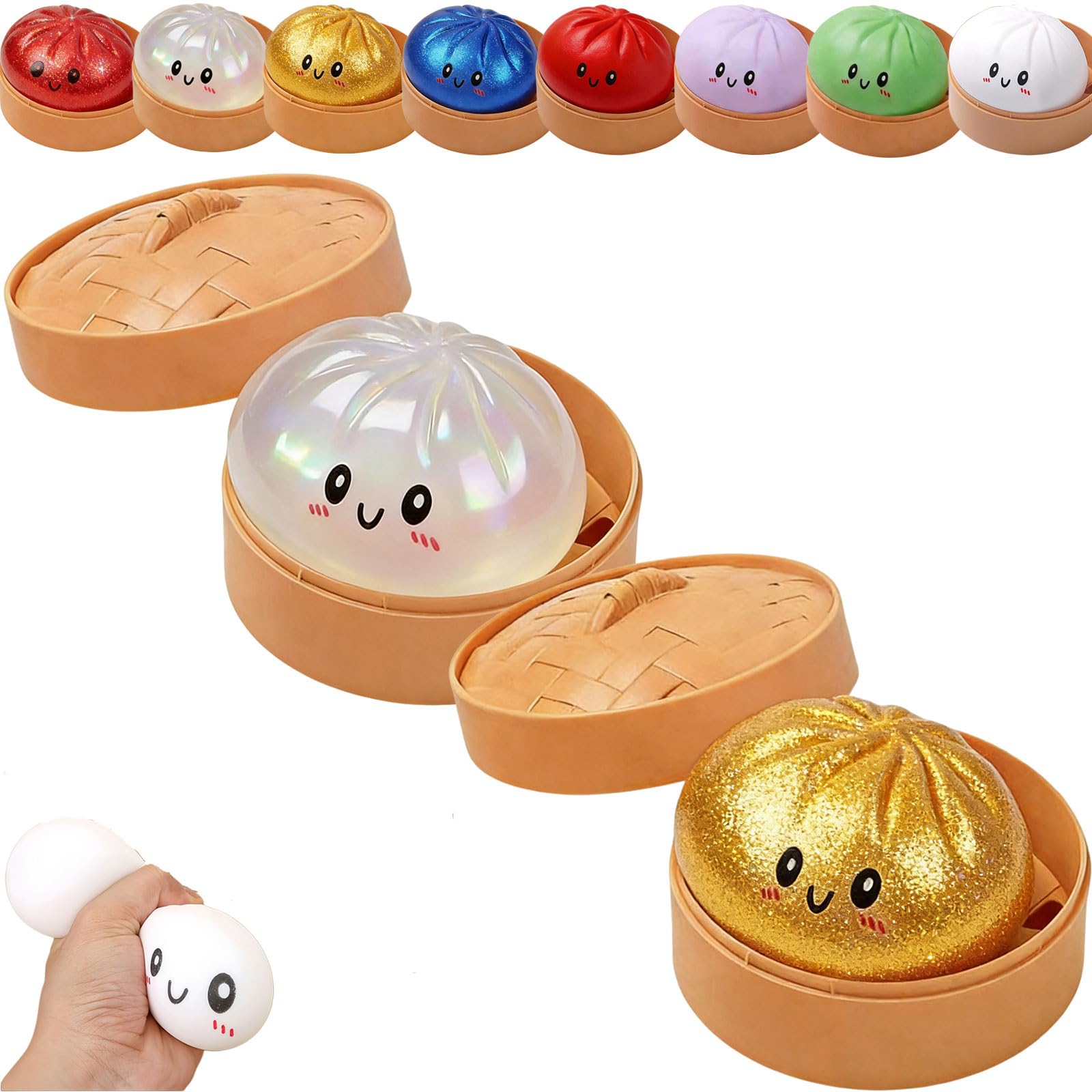 Dumpling Squishy, Squishy Dumpling Toy, Glitter Dumplings Squishiest Toy with Steamer Box, Stress & Anxiety Relief Toys for Kids & Adults Non-Edible (2Pcs-C)