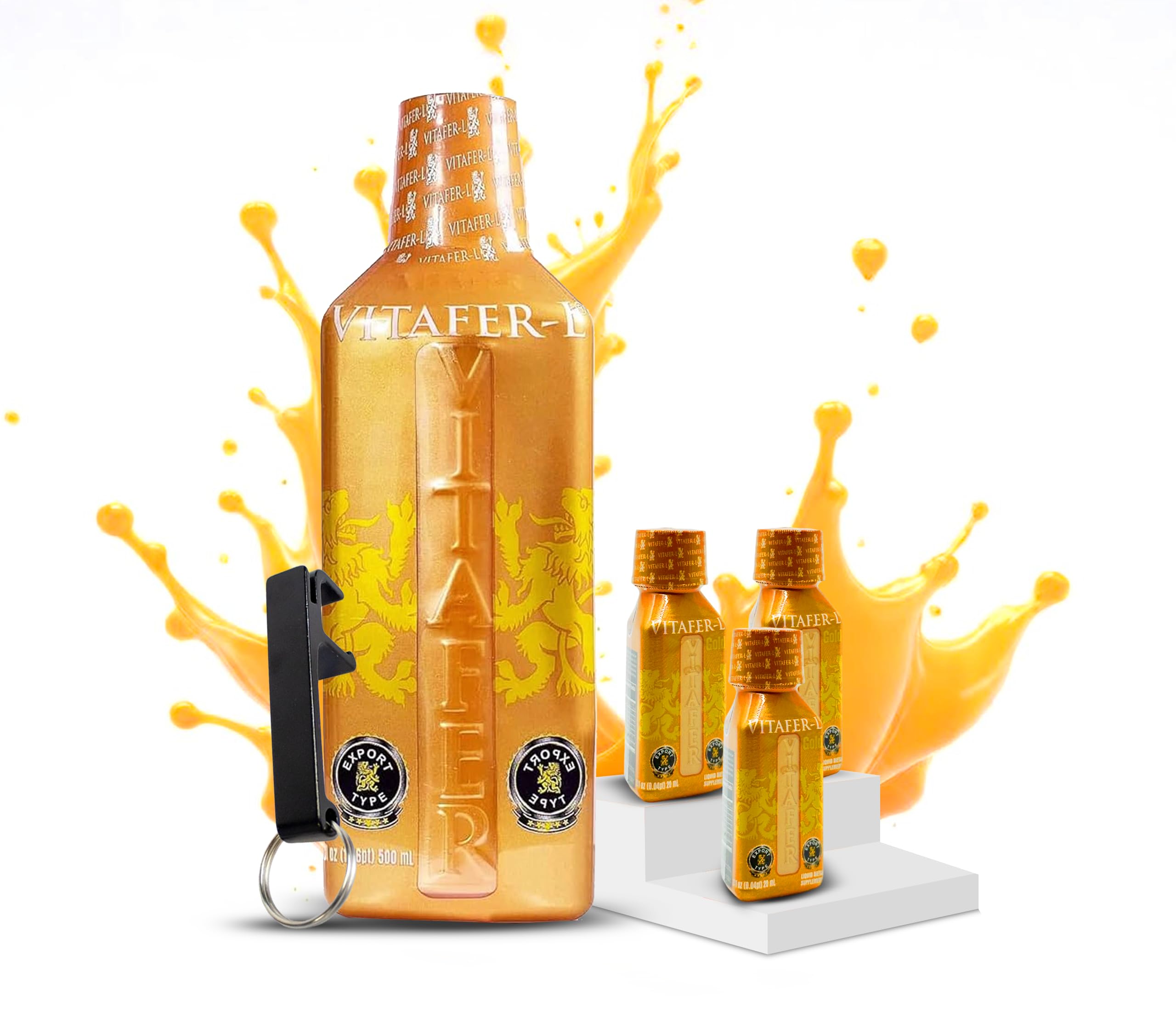 Vitafer-L Gold - AMC Suplements for Men and Woman. 1 of (500 ml - 16.9 oz) with 3 Vitachito Gold (20ml - 0.67oz) Pocket Size with Bonus AMC Keychain Bottle-can Opener Gift