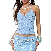 SOLY HUX Women's Y2k Sequin Halter Crop Top Cute 3D Butterfly Glitter Coquette Party Club Tops