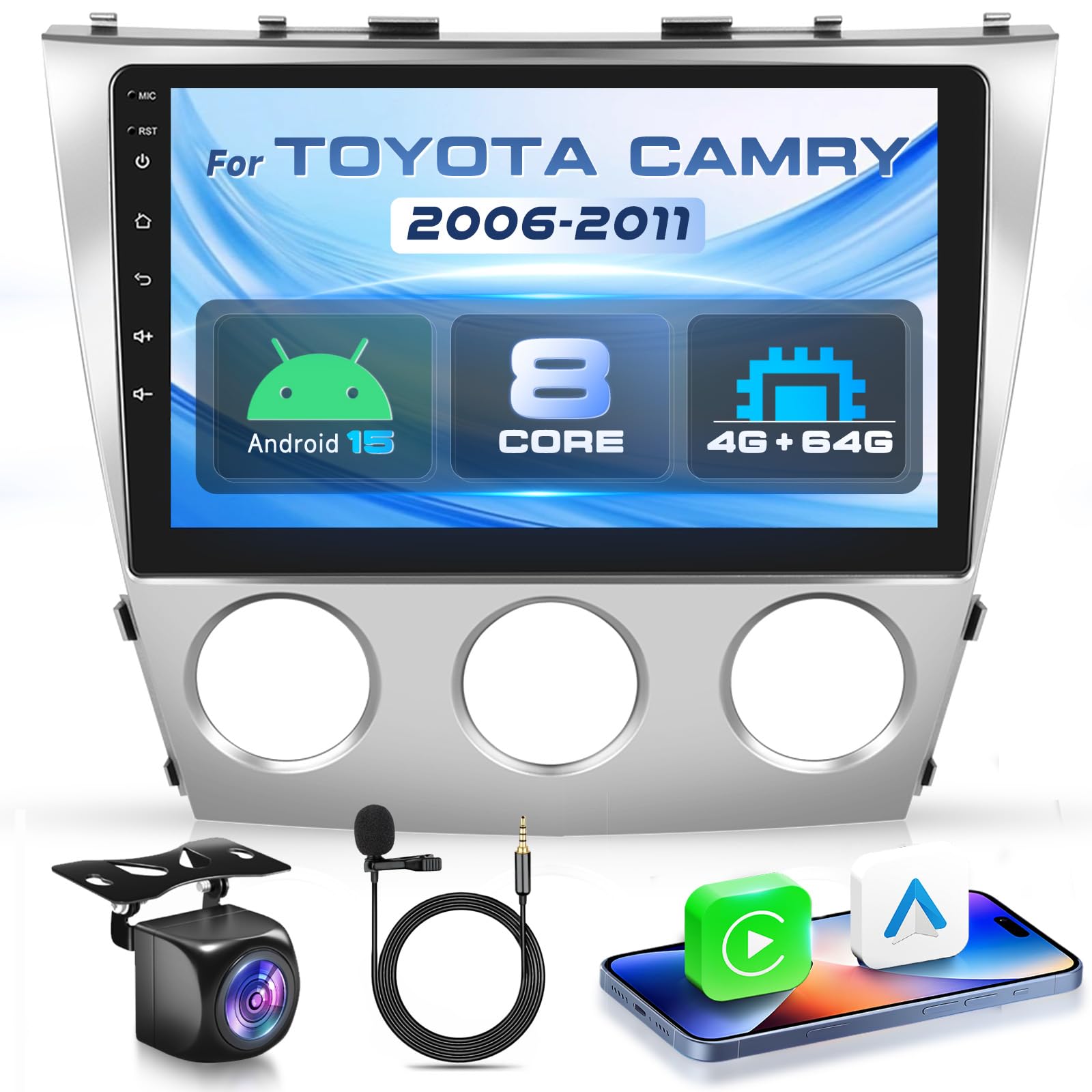 Photo 1 of 4G+64G with Qualcomm 8 Core Android 15 Car Stereo for Toyota Camry 2006-2011 Carpaly Android Auto 10.1’’ Touch Screen Radio OTA Upgrade GPS, WiFi, Bluetooth 5.1, DSP,SWC, Backup Camera