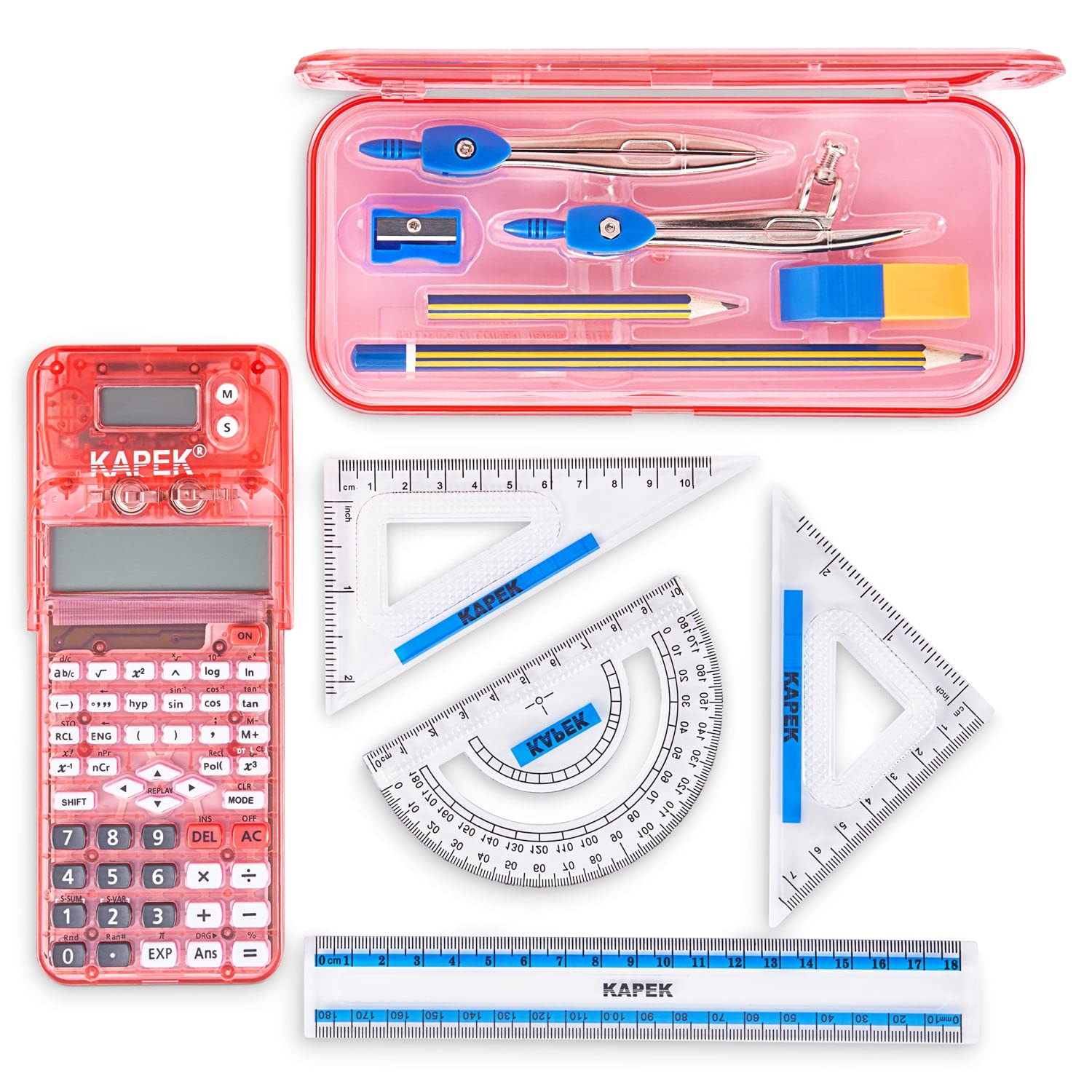 KAPEK Scientific Calculator + Math Set for Schools | 2-Line Display | 10-Piece Geometry Set | Ruler, Compass, Protractor | 240+ Integrated Functions | GCSE Math Bundle | Pink