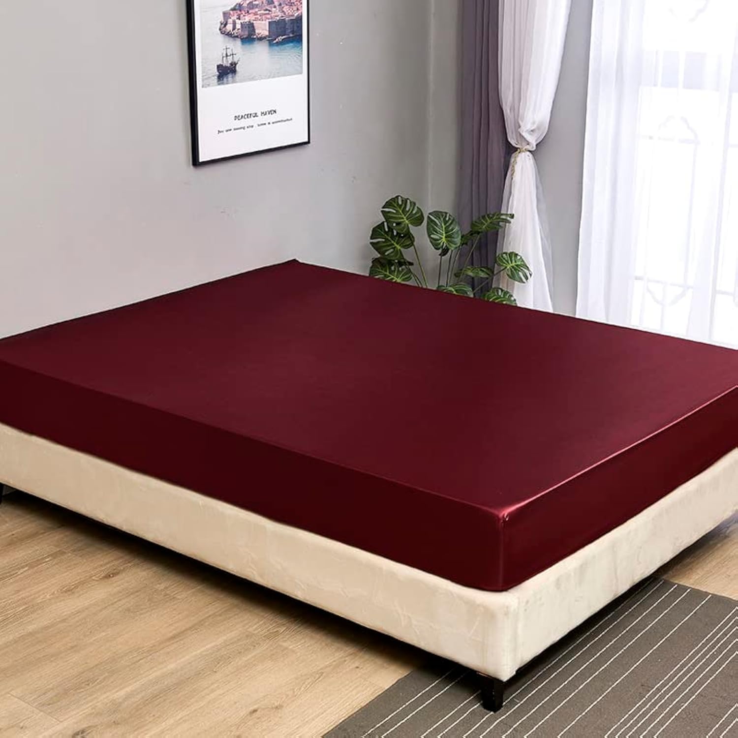 JUWENIN Luxury Silk Satin Deep 12" Skin Beauty Hair Health Face Care Hypoallergenic Fitted Sheet (Single, Burgundy)